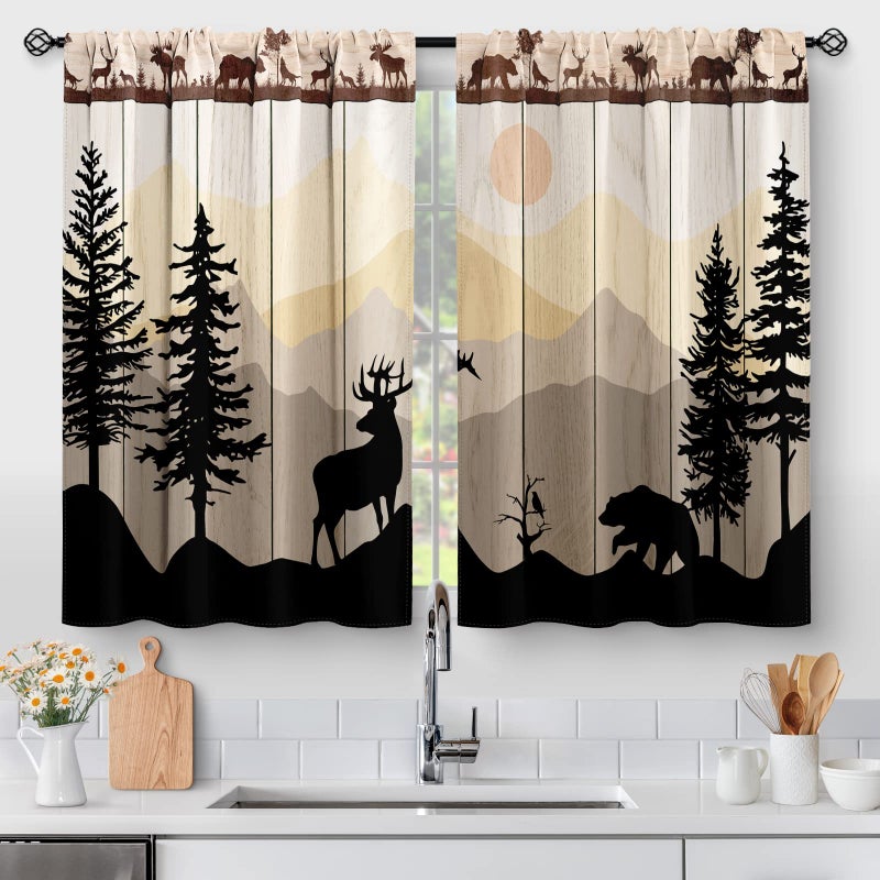Aimego Kitchen Curtains - Forest Sunset Country Rustic Farmhouse Short Cafe Tier Curtains for Dining Room, Sink, Retro Tree Bear Deer Rod Pocket Window Drapes, 36 Inch Length, 2 Panels - Image 1