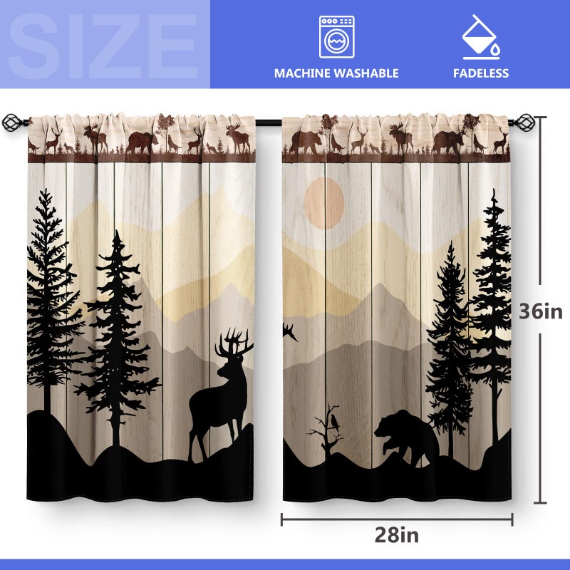 Aimego Kitchen Curtains - Forest Sunset Country Rustic Farmhouse Short Cafe Tier Curtains for Dining Room, Sink, Retro Tree Bear Deer Rod Pocket Window Drapes, 36 Inch Length, 2 Panels - Image 3