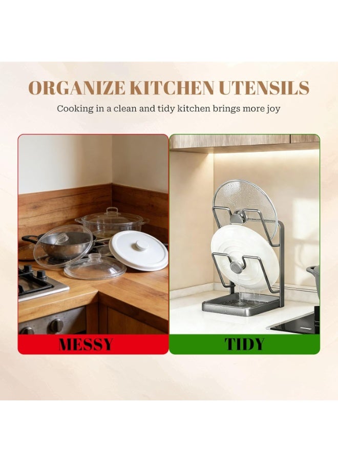 Arabest 304 Stainless Steel Kitchen Pot Lid Storage Rack, Pot Lid Holder while Cooking, Pot Lid Organizer with Removable Tray & Spoon Rest,Waterproof & Rustproof(Beige, 2 Layer) - Image 5