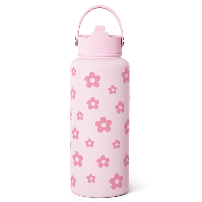 Floral Water Bottle Stainless Steel 32oz with Lid Straw Daisy Insulated Bottles Gifts for Women Girls Friends Teens Birthday Christmas