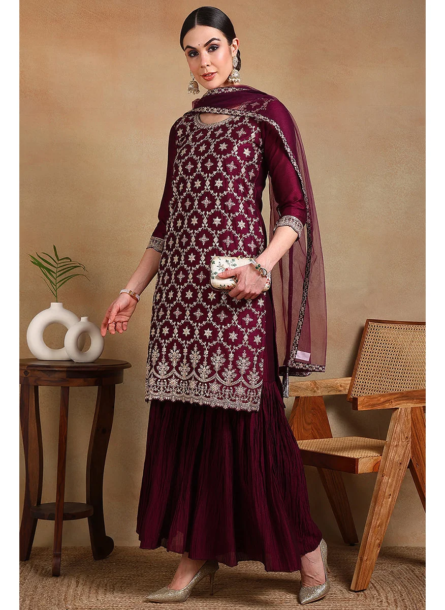 زيري سوق Burgundy Silk Blend Machine Woven embroidered Sharara Set