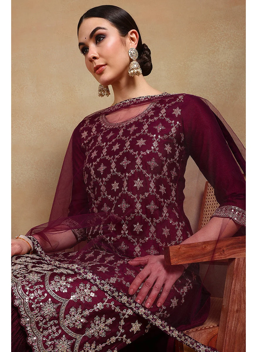 زيري سوق Burgundy Silk Blend Machine Woven embroidered Sharara Set