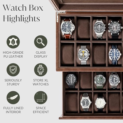TAWBURY 24 Slot Watch Box for Men - Extra Large Watch Case with Double-Layer Design for Optimized Storage | Removable Drawer for Easy Handling (Brown) - Image 5
