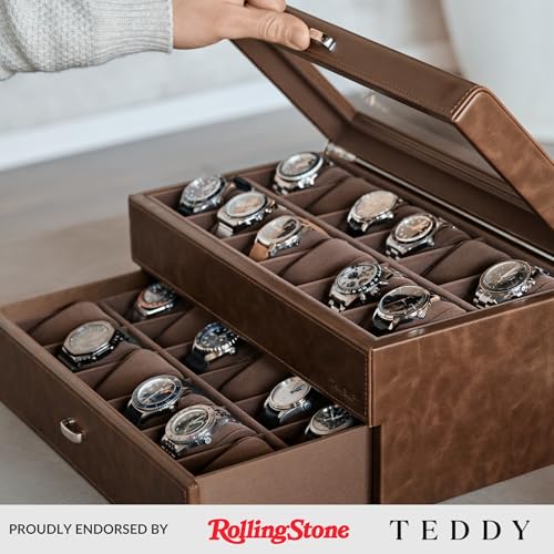 TAWBURY 24 Slot Watch Box for Men - Extra Large Watch Case with Double-Layer Design for Optimized Storage | Removable Drawer for Easy Handling (Brown) - Image 2