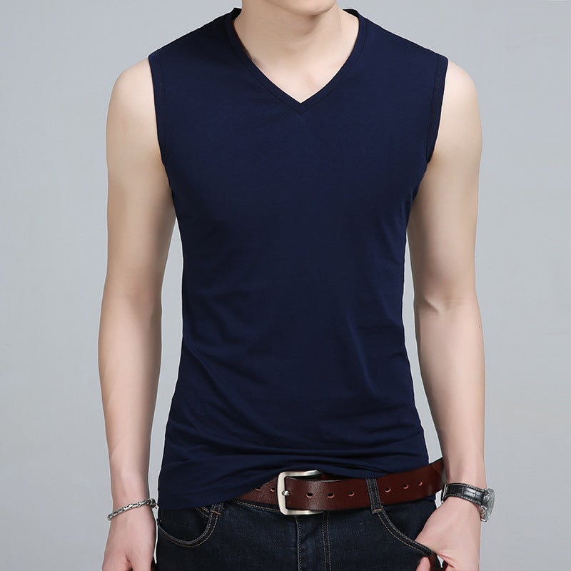 New Summer Men'S Vest V Neck Slim Cotton Pure Version Fashionable Casual Men'S Bottoming Shirt - Image 1