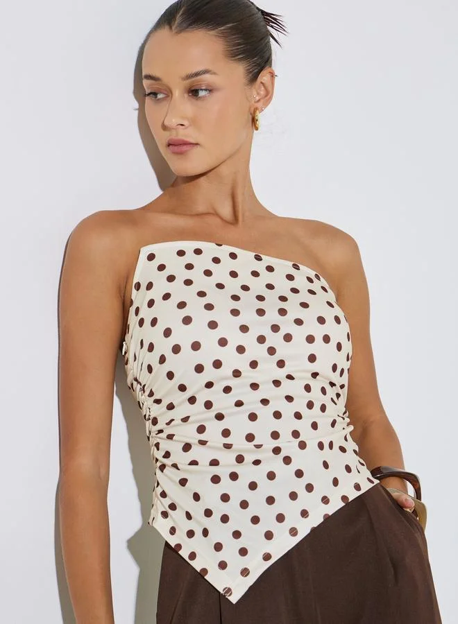 Cream Polka Dot Strapless Blouse with Asymmetric Hem