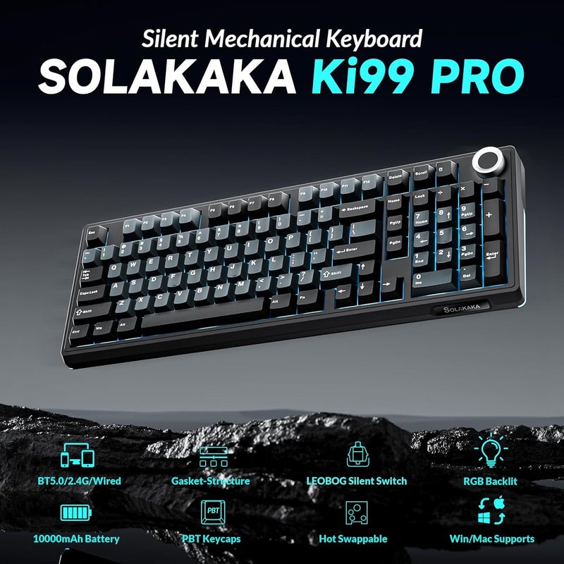 SOLAKAKA KI99 Pro Wireless Mechanical Keyboard with Quiet Switch, Hot Swappable Pre-Lubed Switches with RGB Backlit, Gasket Structure Computer Gaming Keyboard (BlackBlue, Silent Switch) - Image 2
