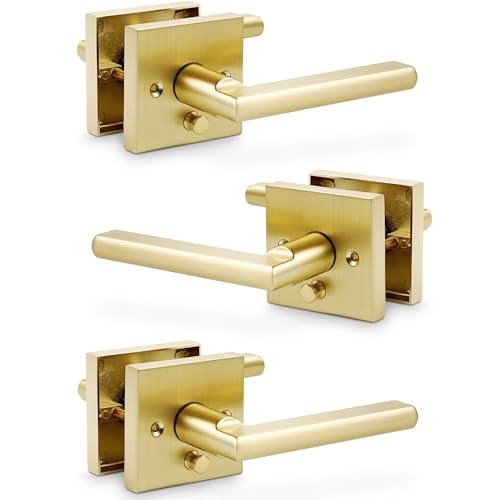 Linkaa Brushed Gold Interior Door Lever (Heavy Duty Zinc Alloy,Satin Brass Door Handles Lever with Push Lock, Keyless Lock Interior for Bedroom Bathroom（Privacy，Brass Gold，3 Pack） - Image 1