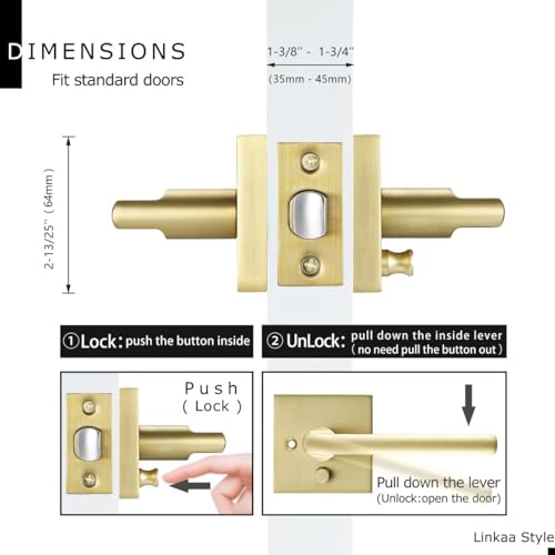 Linkaa Brushed Gold Interior Door Lever (Heavy Duty Zinc Alloy,Satin Brass Door Handles Lever with Push Lock, Keyless Lock Interior for Bedroom Bathroom（Privacy，Brass Gold，3 Pack） - Image 3