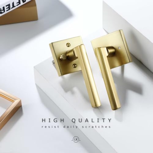 Linkaa Brushed Gold Interior Door Lever (Heavy Duty Zinc Alloy,Satin Brass Door Handles Lever with Push Lock, Keyless Lock Interior for Bedroom Bathroom（Privacy，Brass Gold，3 Pack） - Image 2