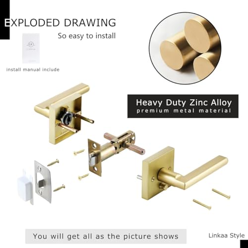 Linkaa Brushed Gold Interior Door Lever (Heavy Duty Zinc Alloy,Satin Brass Door Handles Lever with Push Lock, Keyless Lock Interior for Bedroom Bathroom（Privacy，Brass Gold，3 Pack） - Image 4