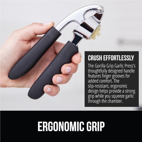 GORILLA GRIP Garlic Press and Peel Set, Heavy Duty Mincer Tool, Easily Mince and Crush Garlics, Ginger, Nuts, Seeds, Large Ergonomic Handle, Peeler Included for Peeling Cloves, Kitchen Gadgets, Black - Image 3