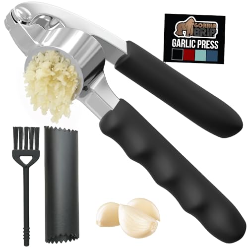 GORILLA GRIP Garlic Press and Peel Set, Heavy Duty Mincer Tool, Easily Mince and Crush Garlics, Ginger, Nuts, Seeds, Large Ergonomic Handle, Peeler Included for Peeling Cloves, Kitchen Gadgets, Black - Image 1