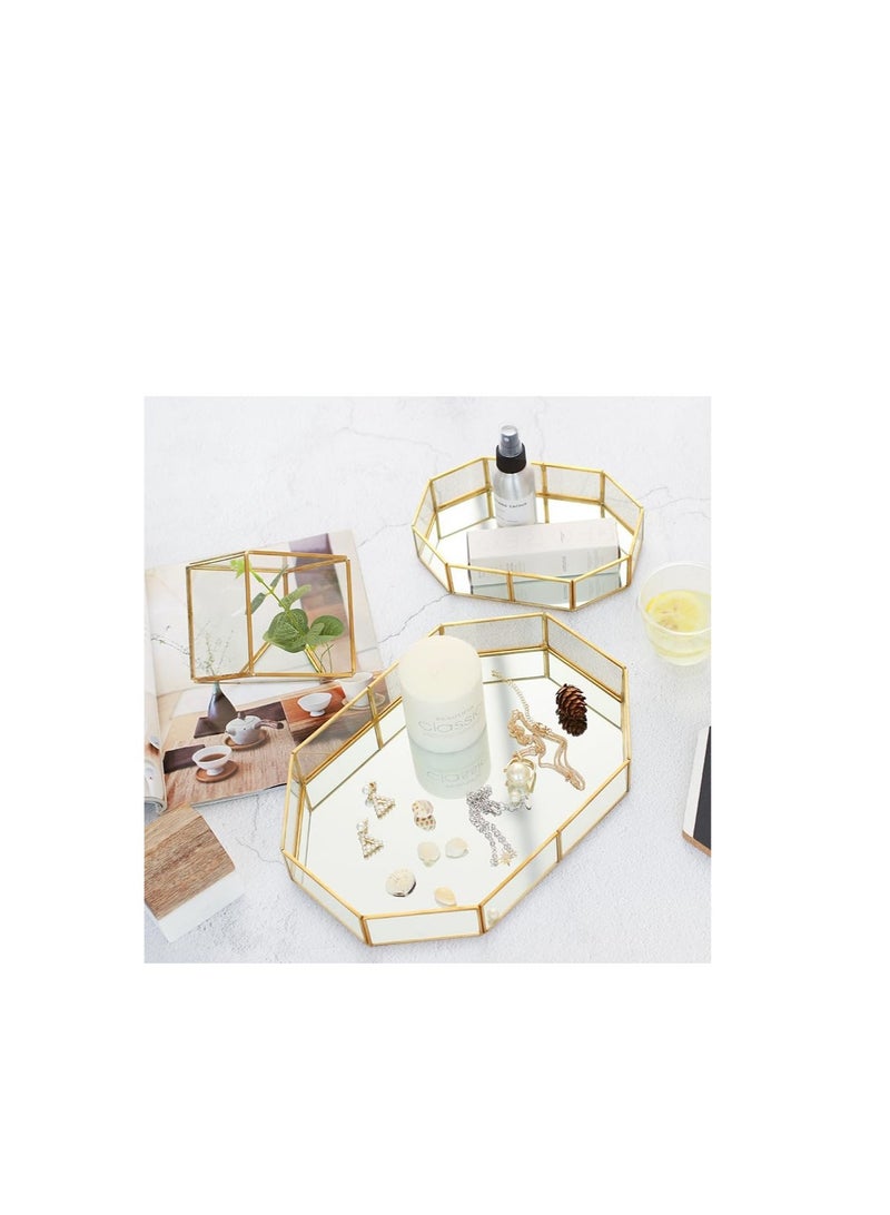 Excefore صينية مرآة ذهبية، صينية زجاجية للماكياج، صينية عطور، صينية مكياج، صينية زخرفية للزينة، صينية زخرفية منزلية، صينية تخزين للحمام، لطاولة الزينة في غرفة النوم والحمام والفندق، 30x20x5.5 سم - Image 5
