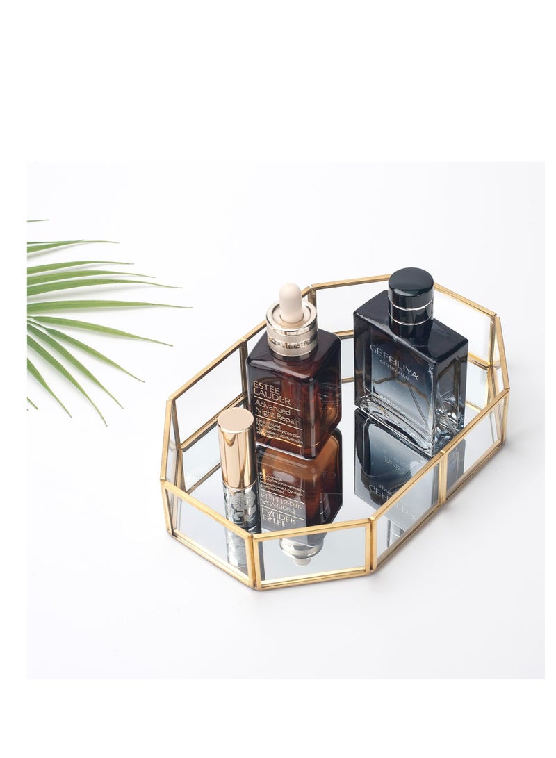 Excefore صينية مرآة ذهبية، صينية زجاجية للماكياج، صينية عطور، صينية مكياج، صينية زخرفية للزينة، صينية زخرفية منزلية، صينية تخزين للحمام، لطاولة الزينة في غرفة النوم والحمام والفندق، 30x20x5.5 سم - Image 2