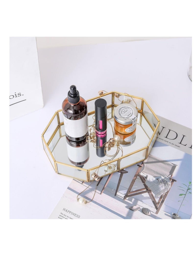 Excefore صينية مرآة ذهبية، صينية زجاجية للماكياج، صينية عطور، صينية مكياج، صينية زخرفية للزينة، صينية زخرفية منزلية، صينية تخزين للحمام، لطاولة الزينة في غرفة النوم والحمام والفندق، 30x20x5.5 سم - Image 4