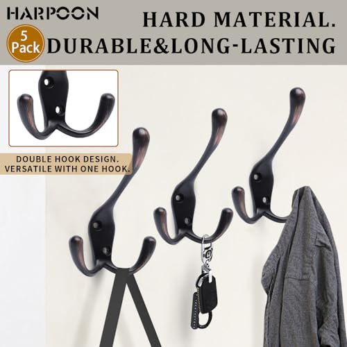 HARPOON 5 Pack of Mounted Tri Hooks, Heavy Duty, 3.5 Inch Metal Coat Hook Rail for Coat Hat Towel Purse Robes Mudroom Bathroom Entryway (Oil-Rubbed Bronze) - Image 2