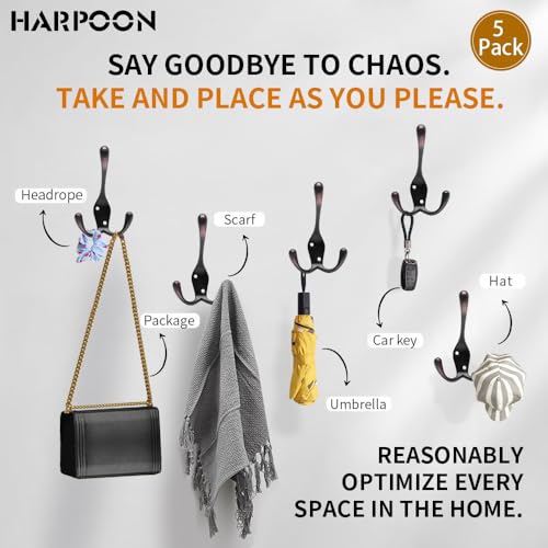 HARPOON 5 Pack of Mounted Tri Hooks, Heavy Duty, 3.5 Inch Metal Coat Hook Rail for Coat Hat Towel Purse Robes Mudroom Bathroom Entryway (Oil-Rubbed Bronze) - Image 3