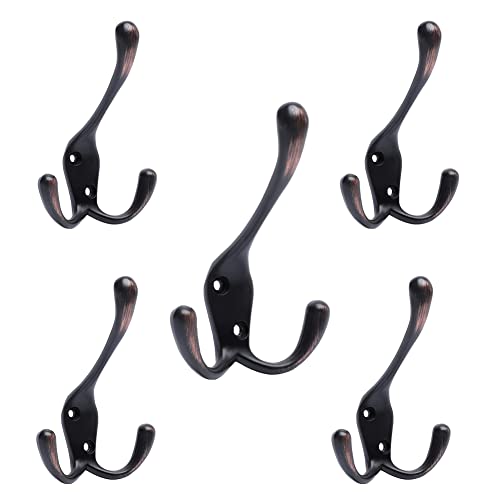 HARPOON 5 Pack of Mounted Tri Hooks, Heavy Duty, 3.5 Inch Metal Coat Hook Rail for Coat Hat Towel Purse Robes Mudroom Bathroom Entryway (Oil-Rubbed Bronze) - Image 1