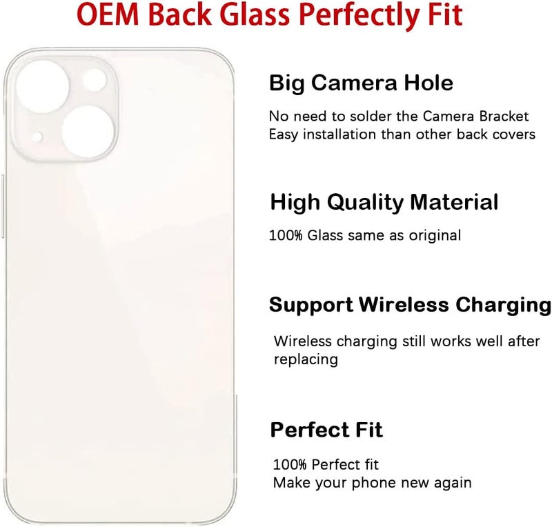 Perzework استبدال زجاج خلفي أصلي لجهاز آيفون 13 ميني 5.4 بوصة (ستارلايت/أبيض) مع مجموعة أدوات الإصلاح - Image 3