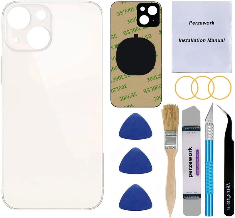 Perzework استبدال زجاج خلفي أصلي لجهاز آيفون 13 ميني 5.4 بوصة (ستارلايت/أبيض) مع مجموعة أدوات الإصلاح - Image 1