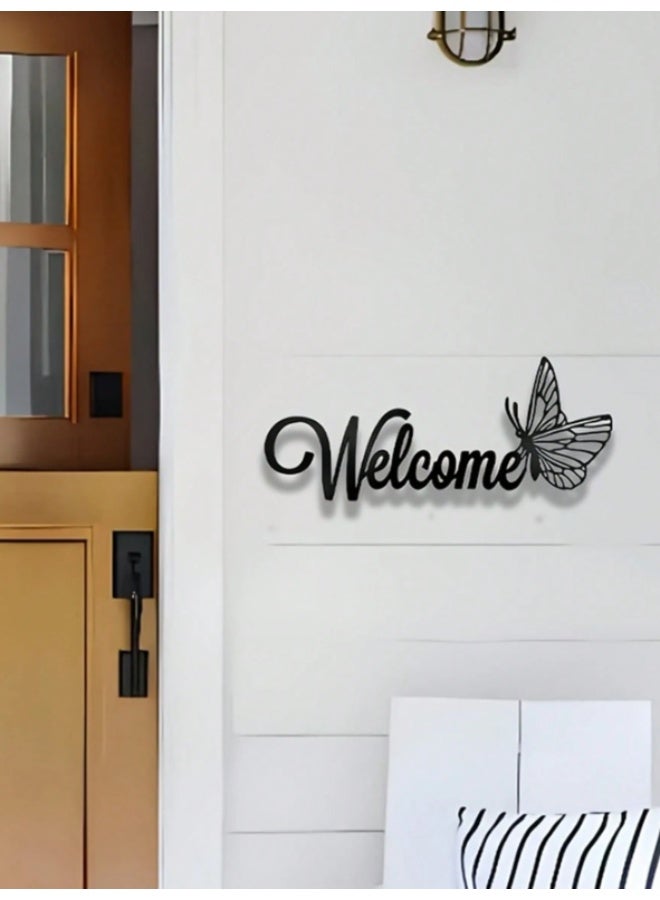 Welcome Wall Decor Sign with Butterfly Design – Modern Black Acrylic Wall Art for Home Entrance and Living Room Decoration – Elegant Minimalist Wall Hanging (11.5 × 30 cm) - Image 2