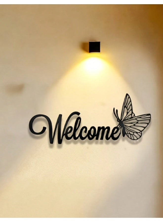 Welcome Wall Decor Sign with Butterfly Design – Modern Black Acrylic Wall Art for Home Entrance and Living Room Decoration – Elegant Minimalist Wall Hanging (11.5 × 30 cm) - Image 1