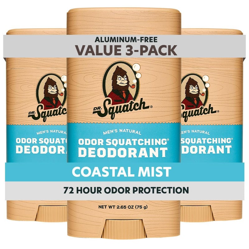 Dr. Squatch Natural Menâ€™s Deodorant â€“ Aluminum Free Natural Deodorant Men with Charcoal & Postbiotics for 72-Hour Odor Protection â€“ Coastal Mist, 2.65oz Stick (3-Pack) - Image 1