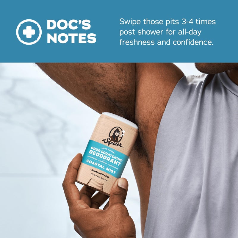 Dr. Squatch Natural Menâ€™s Deodorant â€“ Aluminum Free Natural Deodorant Men with Charcoal & Postbiotics for 72-Hour Odor Protection â€“ Coastal Mist, 2.65oz Stick (3-Pack) - Image 5