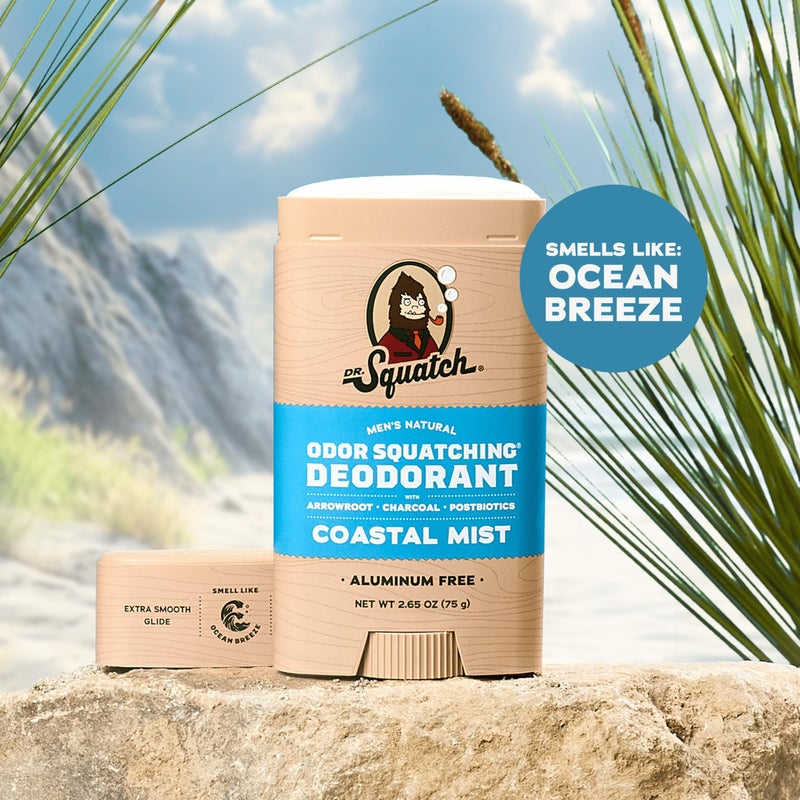 Dr. Squatch Natural Menâ€™s Deodorant â€“ Aluminum Free Natural Deodorant Men with Charcoal & Postbiotics for 72-Hour Odor Protection â€“ Coastal Mist, 2.65oz Stick (3-Pack) - Image 2