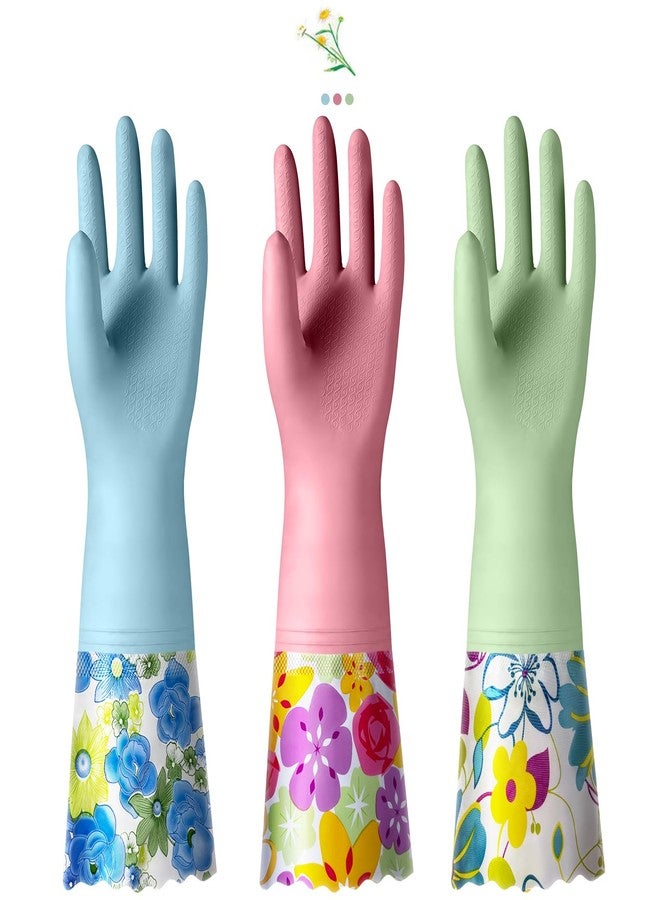 KAQ 3 Pairs Dishwashing Cleaning Gloves, Reusable Long Rubber Gloves with Cotton Lining, Latex Free Dish Washing Gloves, Water Resistant Household Glove for Kitchen Bathroom(Medium) - Image 1