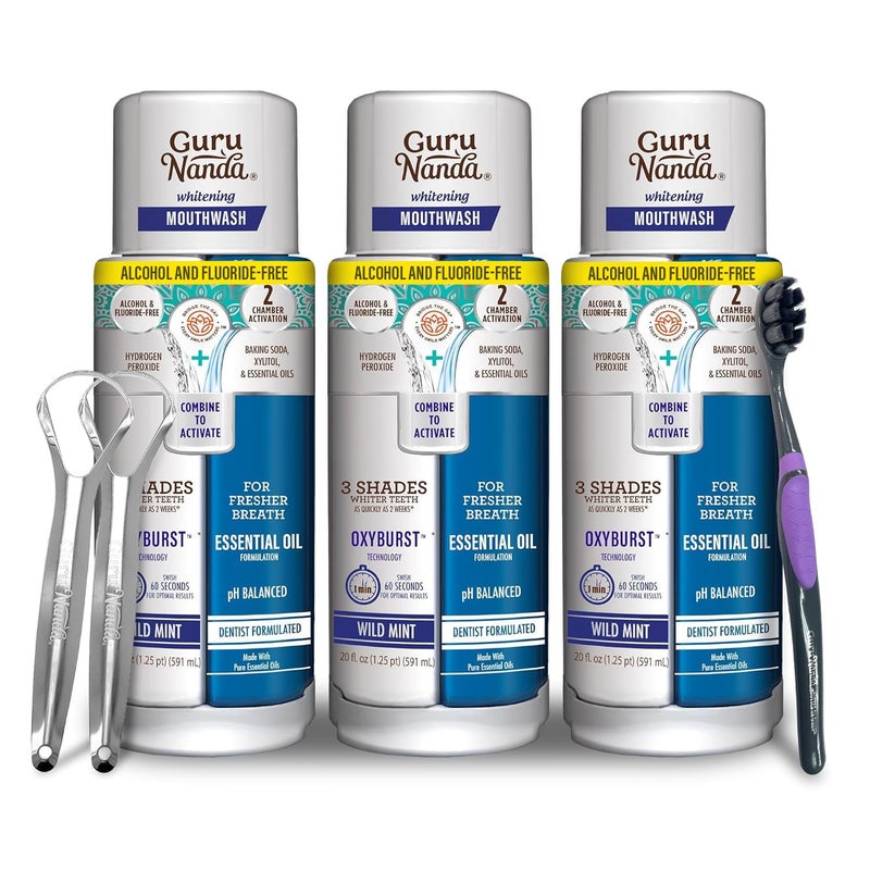 GuruNanda Teeth Whitening Dual Barrel Oxyburst Mouthwash - Alcohol & Fluoride Free, Hydrogen Peroxide to Promote Whiter Teeth - Wild Mint - 3x20 Fl Oz - Image 1