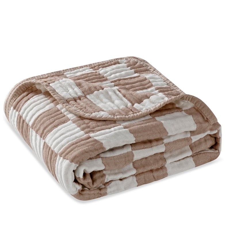 HardNok Ultra Soft Muslin Baby Blanket,A Versatile Swaddle and Bed Blanket for Babies, Toddlers, Boys, and Girls (1 Coffee Checkered 1 Pack). - Image 1
