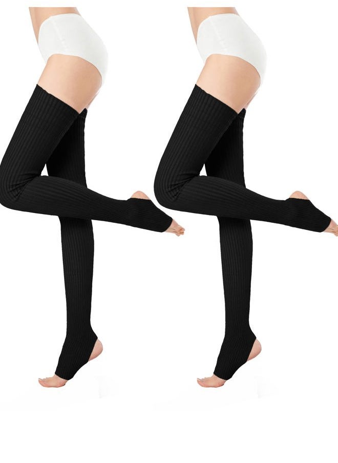 TETHER TOOLS Women Girls Thigh High Neon Ribbed Long 80s 90s Party Skating Leg Warmers (One Size, Hole86-Black+Black)  - Image 1