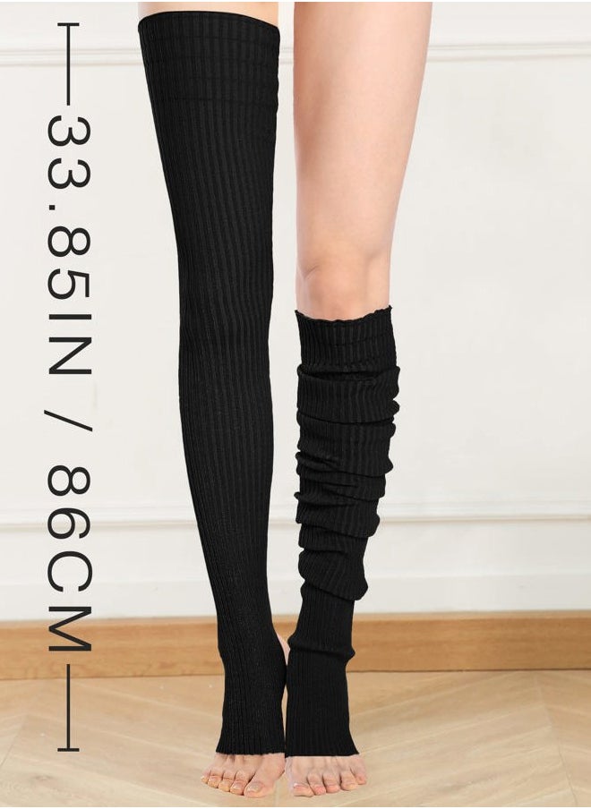 TETHER TOOLS Women Girls Thigh High Neon Ribbed Long 80s 90s Party Skating Leg Warmers (One Size, Hole86-Black+Black)  - Image 3