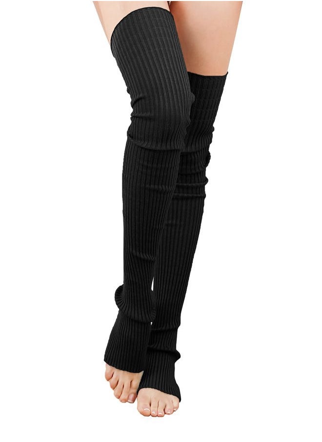 TETHER TOOLS Women Girls Thigh High Neon Ribbed Long 80s 90s Party Skating Leg Warmers (One Size, Hole86-Black+Black)  - Image 2
