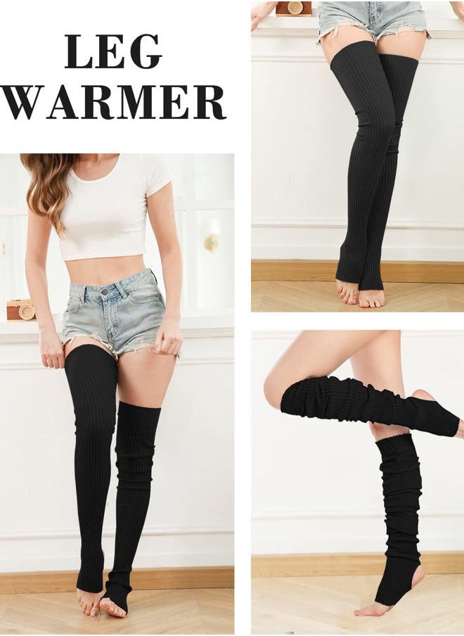 TETHER TOOLS Women Girls Thigh High Neon Ribbed Long 80s 90s Party Skating Leg Warmers (One Size, Hole86-Black+Black)  - Image 4
