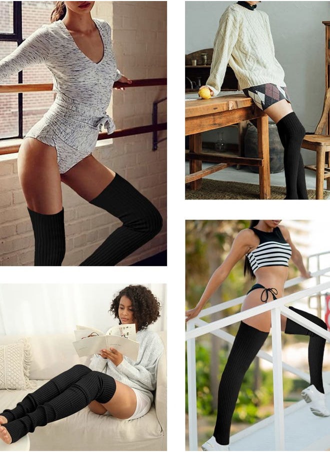 TETHER TOOLS Women Girls Thigh High Neon Ribbed Long 80s 90s Party Skating Leg Warmers (One Size, Hole86-Black+Black)  - Image 5