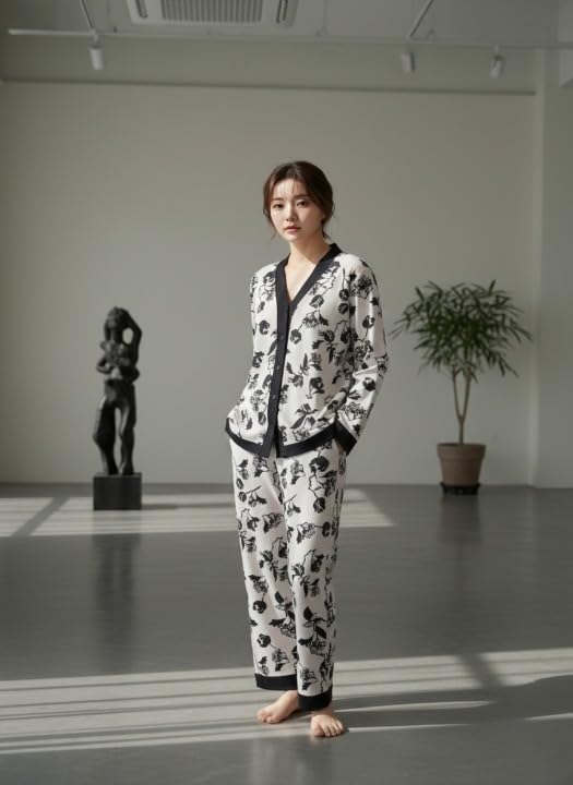Celary Korean Style Women’s Night Suit|| Cute Printed Pajama Set with Long Sleeve Top & Pants|| Cotton Loungewear||Winter Night Dress|| Full Sleeves with Front Buttons - Image 2