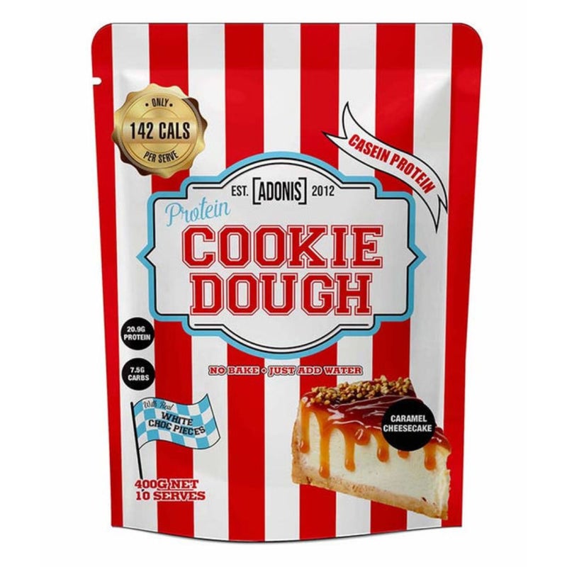 آدونیس عجينة كوكيز البروتين، كوكيز تشيز كيك الكراميل، 400 غرام - بروتين الكازين الممتاز، منخفض الكربوهيدرات، وجبة خفيفة غنية بالبروتين مع قطع الشوكولاتة الحقيقية