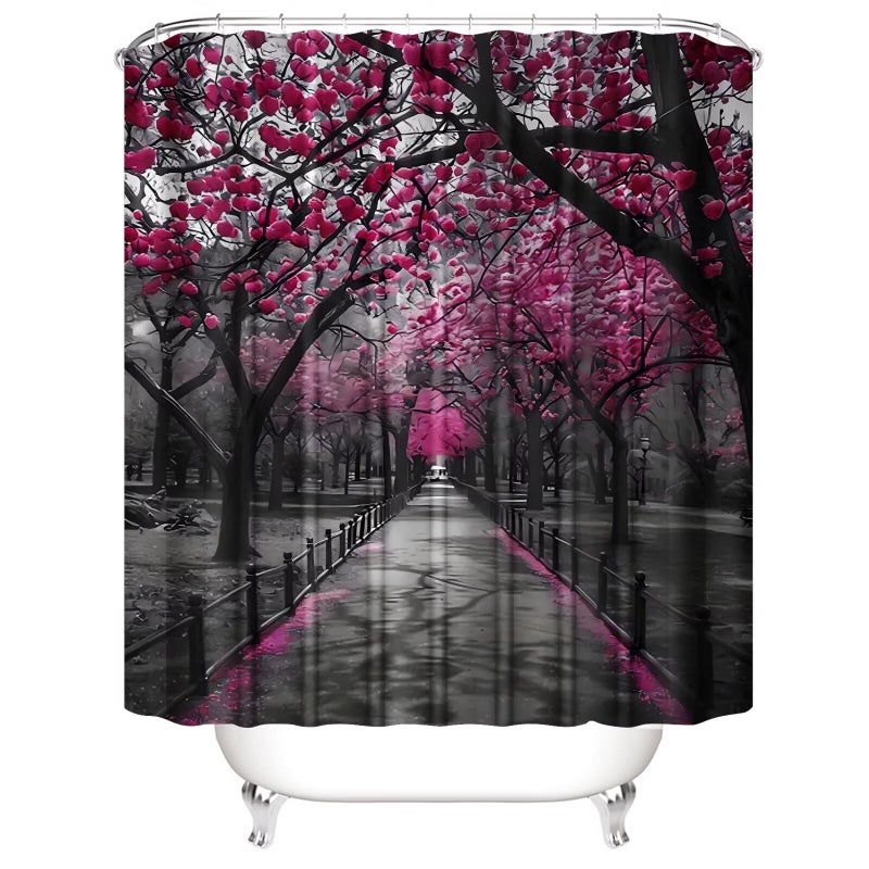 AZHM 4pcs Cherry Blossom Boulevard Shower Curtain Set Pink Flower Floral Bathroom Decor Accessories Set with Rugs and 12 Hooks - Image 2