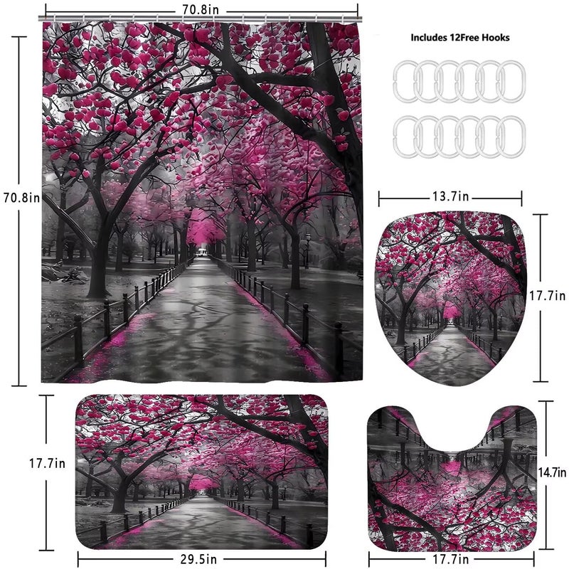 AZHM 4pcs Cherry Blossom Boulevard Shower Curtain Set Pink Flower Floral Bathroom Decor Accessories Set with Rugs and 12 Hooks - Image 4