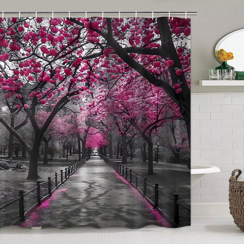 AZHM 4pcs Cherry Blossom Boulevard Shower Curtain Set Pink Flower Floral Bathroom Decor Accessories Set with Rugs and 12 Hooks - Image 5