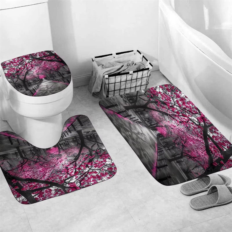AZHM 4pcs Cherry Blossom Boulevard Shower Curtain Set Pink Flower Floral Bathroom Decor Accessories Set with Rugs and 12 Hooks - Image 3