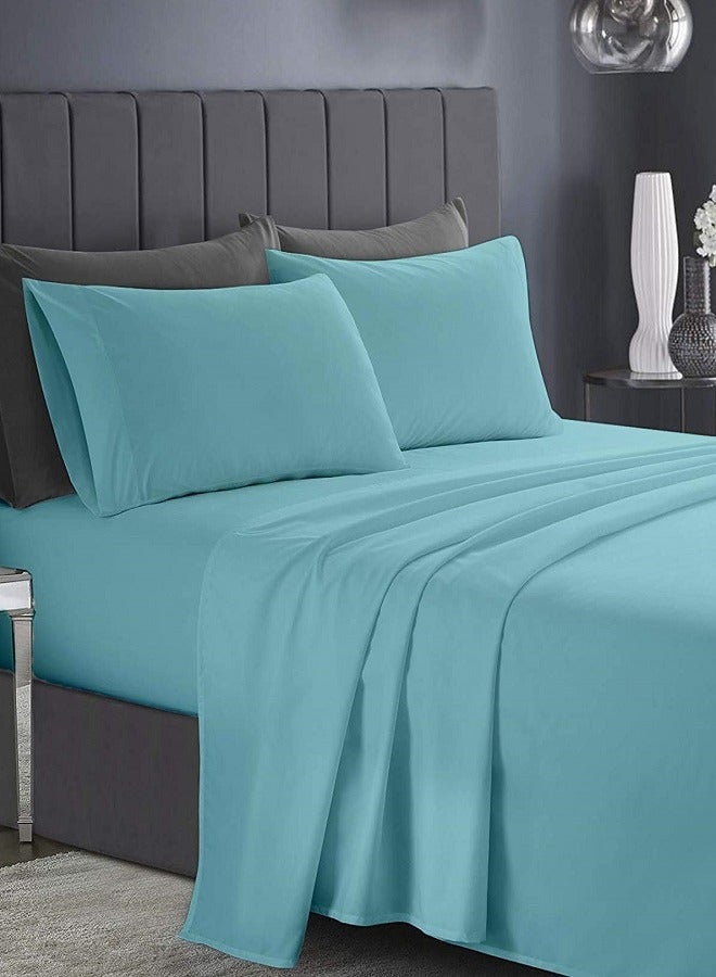 RISHAHOME 3 Piece Deep Pocketed Fitted Bedsheet Set King Size |Light Blue Colour|1 Fittedsheet - 200x200+30 cm, 2 Pillowcases - 50x75 cm|Non allergic Microfiber for year-around use. - Image 1