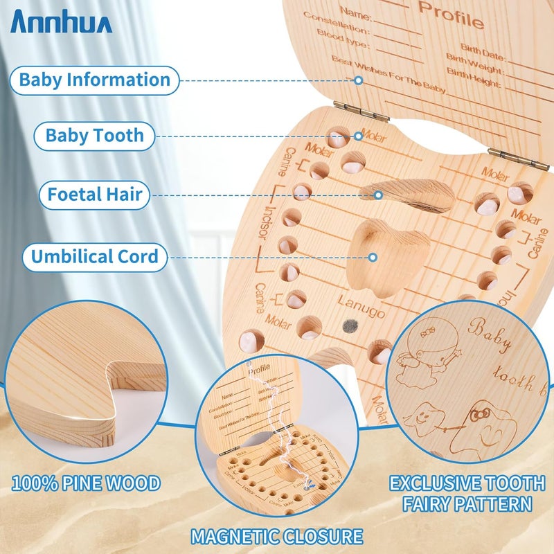 Annhua صندوق جنية الأسنان أنهوى صندوق أسنان الأطفال للفتيات حوامل الأسنان للأطفال صندوق تذكار لحبل السرة تخزين 20 سن لبني متساقط شعر جنيني وتسجيل معلومات الطفل - Image 3