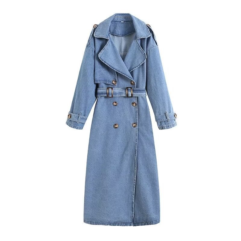 A large number of cross-border spot 2024 new European and American wind loose double-breasted with belt denim trench coat coat denim blue