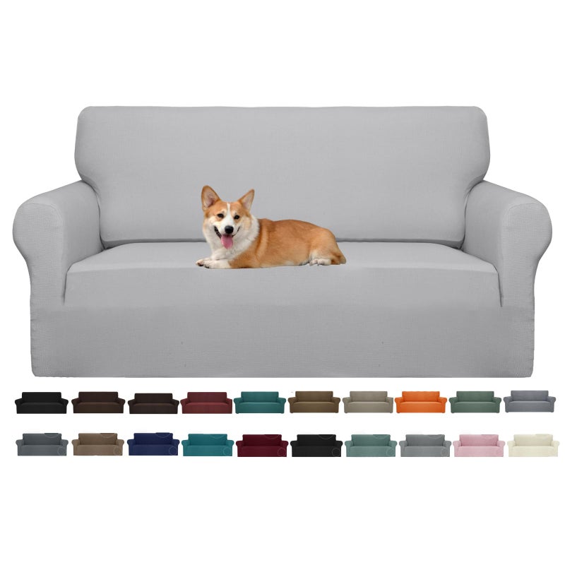 JIVINER High Stretch 1Piece Jacquard Small Checks Couch Covers for 2 Cushion Couch Anti Slip Love Seat Sofa Covers Loveseat Slipcovers Protector for Kids Pets Loveseat Light Gray and White