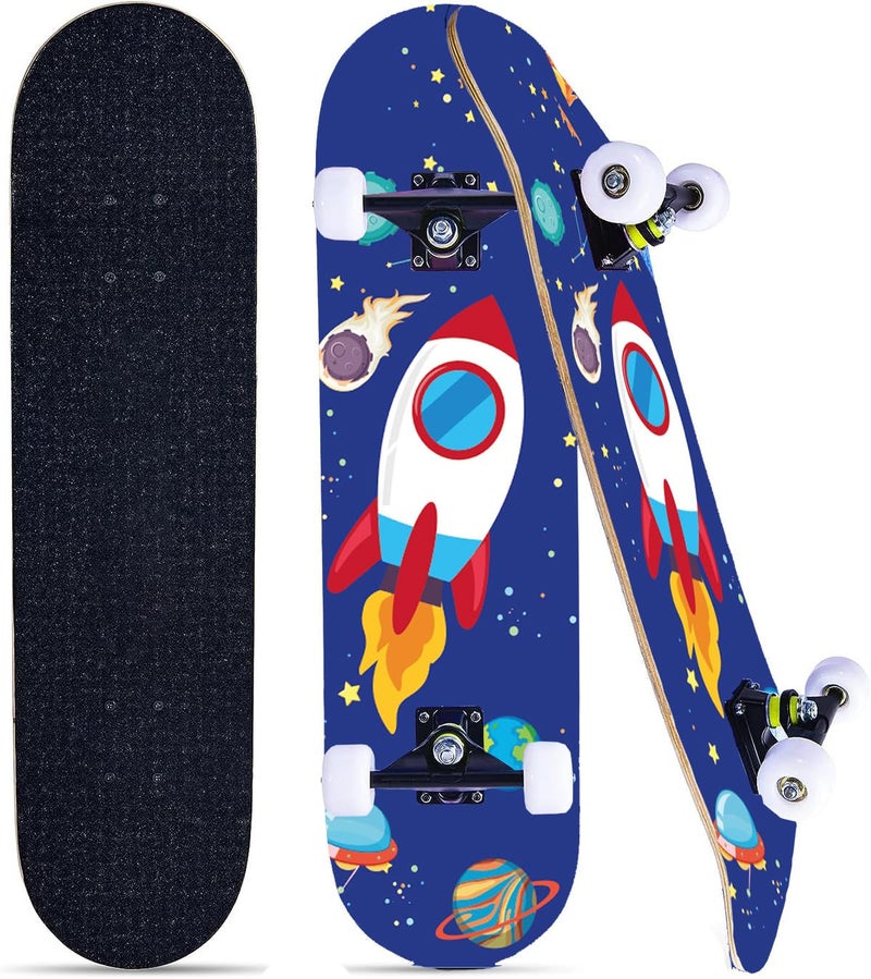 asktom Skateboards for Beginners Kids Boys Girls and Adults 31"x8" Pro Complete Skateboard 8 Layers Maple Wood, Double Kick Concave, Fascinating Cool, Solid&Durable (Rocket) - Image 1