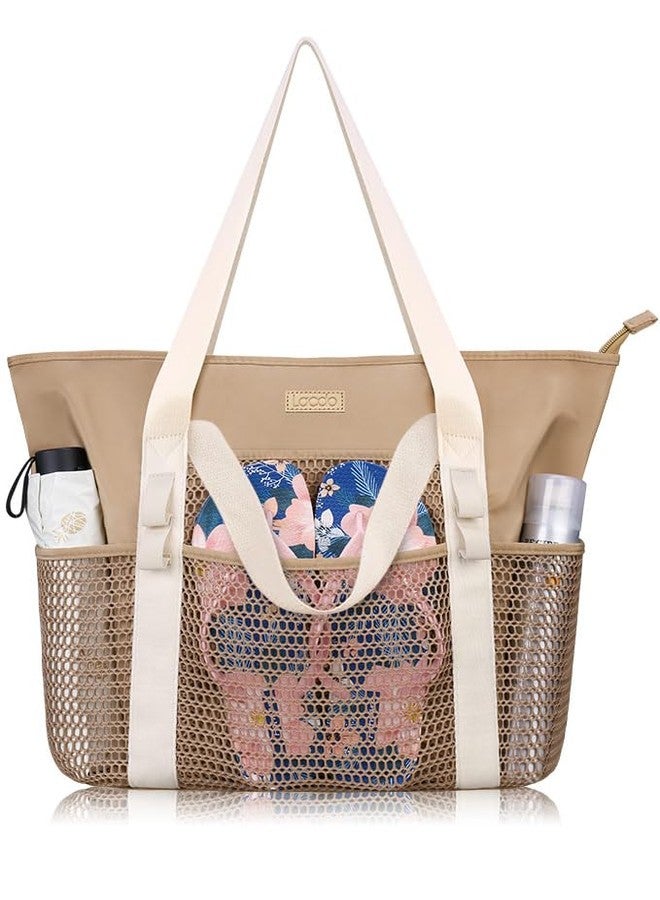 لاكدو حقيبة شاطئ لاكدو للنساء، حقيبة حمل شاطئية نسائية مقاومة للماء والرمل، قابلة للطي، حقيبة حمام سباحة للسفر والشاطئ والإجازات، لون كاكي - Image 1